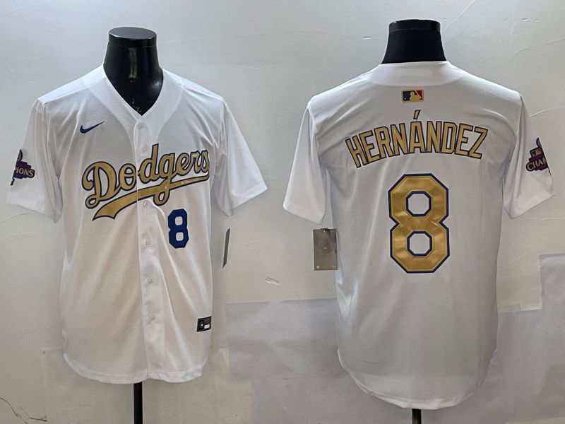 Men Los Angeles Dodgers #8 Hernandez White Champion gold character 2025 Nike MLB Jersey style 11->los angeles dodgers->MLB Jersey